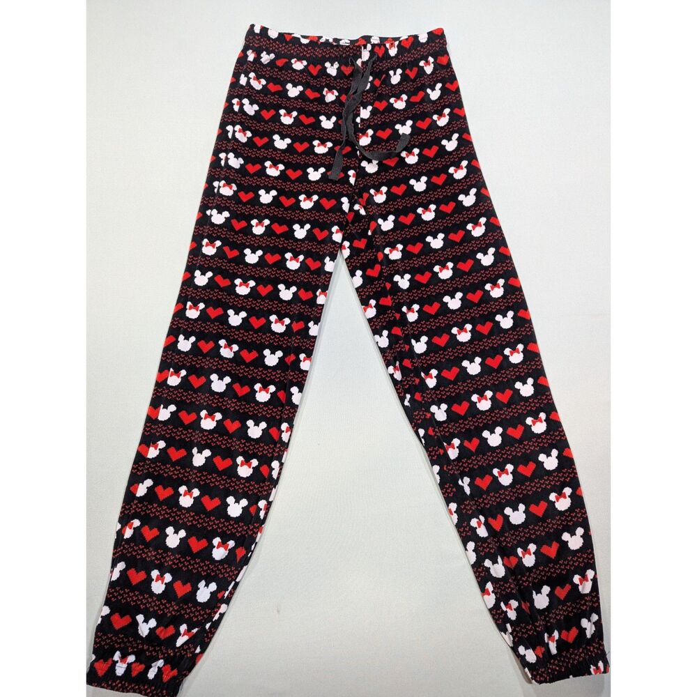 Disney Mickey Minnie Mouse Pajama Pants Small Black Red Hearts Fleece Lounge